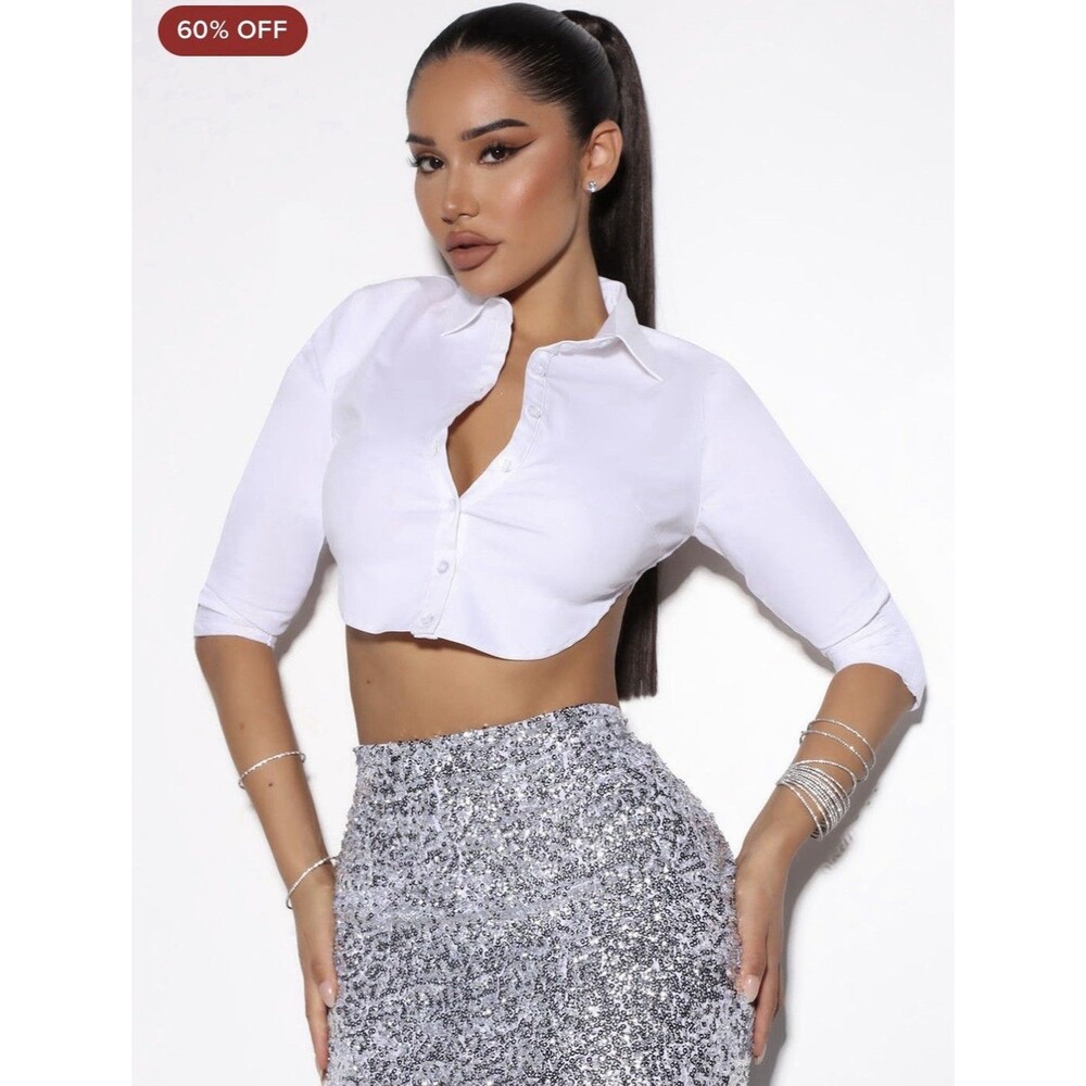 Fashion Nova Women Crop Top White Button Front 3/4 Sleeve Size L